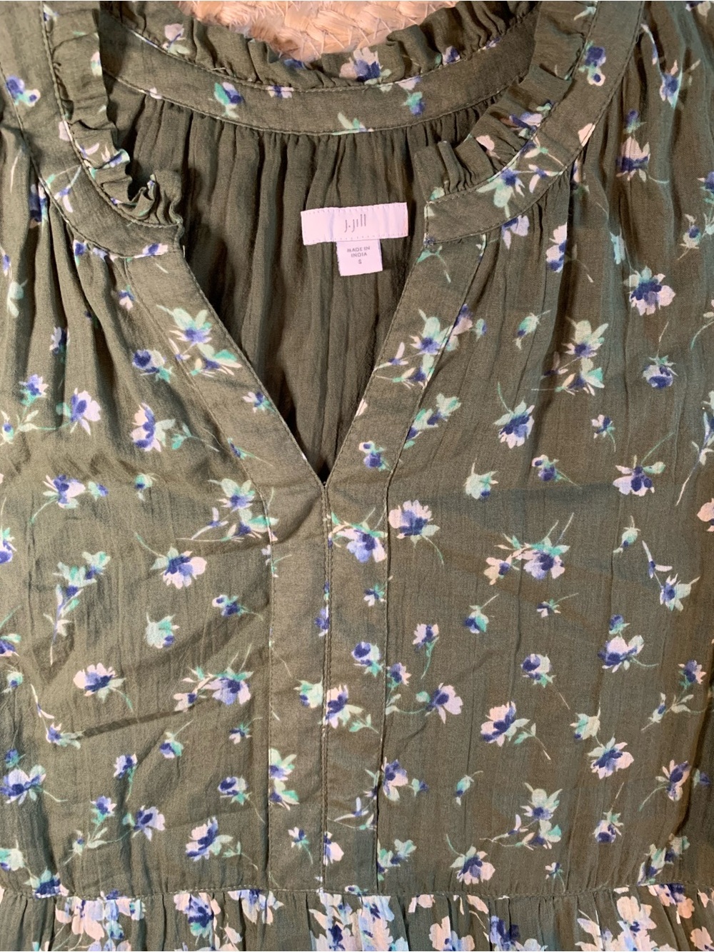J. Jill Olive Green Floral V-Neck Tiered 100% Cotton Maxi Dress - Picture 3 of 7